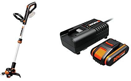 Worx WG163E.9 Decespugliatore Tagliabordi a Batteria & WA3601 Kit 1 Carica Batteria Rapido + 1 Batteria Power Share 20V/2.0Ah agli Ioni di Litio