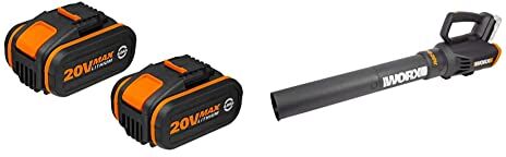 Worx WX3553.2 Batterie al Litio Power Share 20V, Set da 2 Pezzi, 4.0Ah & Soffiatore a batteria 20 V, molto potente con tecnologia a turbina, doppia velocità