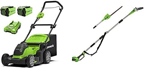 GreenWorks Tagliaerba 40V 41cm, Tagliasiepi Telescopico e Motosega Con 2 Batteria 2Ah e Caricabatterie