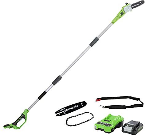 GreenWorks Tools 2000107UA Potatore Telescopico, 24 V, Verde, 20 cm (8") + Sega a Catena 20 cm (8") + Guida 20 cm per Motosega, 29497