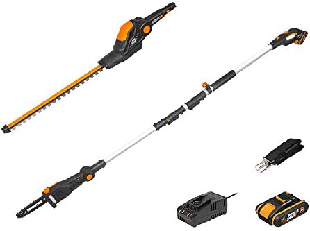 WORX 2 in 1 18V (20V MAX) Combo Set, 45cm Tagliasiepi Telescopico a Batteria e 20cm Motosega , PowerShare, 2,0 Ah, Maniglia Regolabile, Manicotto Protettivo, Pertica Telescopica 1.8-2.3m