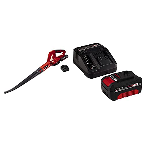 Einhell 3433533 Soffiatore Di Foglie Senza Fili, Batteria Agli Ioni Di Litio Da 18 V, Potenza Soffio 210 Km/H & 4512042 Power-X-Change Starter Kit, Caricabatteria E Batteria Da 4000 Mah Li-Ion, Nero