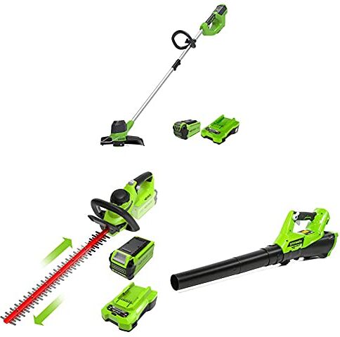 GreenWorks Tools Decespugliatore a Batteria Li-Ion 40 V + Tagliasiepi a Batteria Li-Ion 40V Tagli/Min, Con Batteria 2Ah e Caricabatterie + Ventilatore Assiale a Batteria 40V Li-Ion,177 km/h