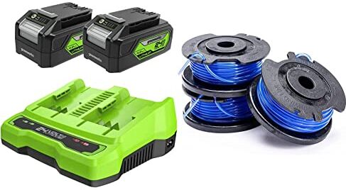 GreenWorks Tools Due Batterie da 24 V 4 Ah G24B4 e Caricatore a Due Posti G24X2C & Bobina a Filo Singolo per Tagliabordi, 4.8m di Cavo per Ogni Bobina, 3 Pezzi Inclusi