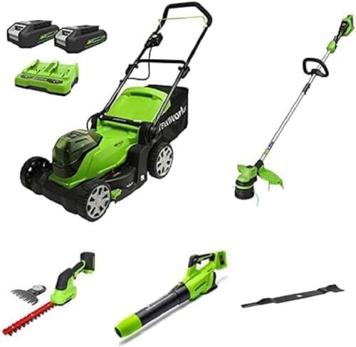 GreenWorks Tools Falciatrice a batteria con decespugliatore + lama + soffiatore + tagliasiepi + trapano + borsa