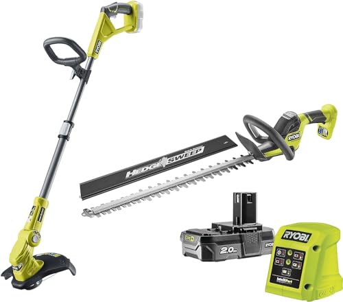 Ryobi RY18LT18HTA-120, Set Due Utensili a batteria 18V, Tagliabordi + Tagliasiepi + 1 Batteria al Litio 2.0Ah + Caricatore