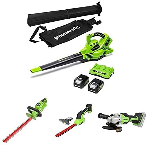 GreenWorks Tools Aspiratore e Soffiatore 2x24V(48V),Tagliasiepi, Forbici per Erba e Arbusti,Smerigliatrice Angolare con 2 BAtterie 4Ah e Caricatore