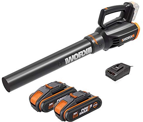 Worx Soffiatore a batteria da 20 V, 2 batterie da 2,0 Ah, PowerShare, 2 velocità, tecnologia turbina, 1 ora, ricarica rapida, 120 km/h