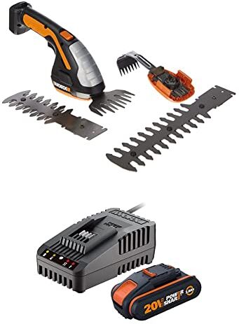 Worx WG801E.91 Tagliasiepi, Nero & WA3601 Kit 1 Carica Batteria Rapido + 1 Batteria Power Share 20V/2.0Ah agli Ioni di Litio