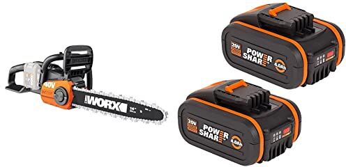 Worx WG384E.9 Motosega a batteria, 40 V (2 x 20 V), motore Brushless, lama da 35 cm & WX3553.2 Batterie al Litio  Power Share 20V, Set da 2 Pezzi, 4.0Ah