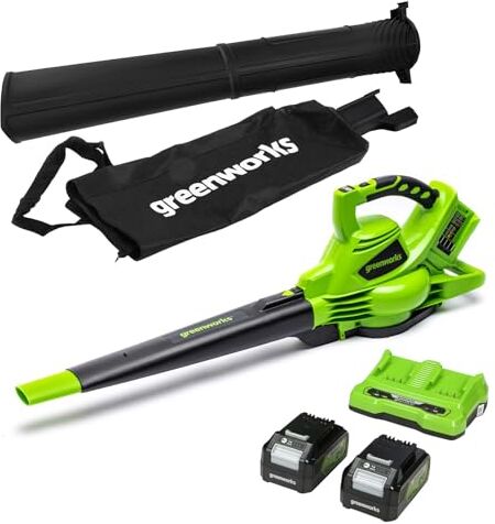 GreenWorks 48V(2x24V) Aspirafoglie Soffiatore a Batteria con Tracolla, Motore Brushless, 322km/h, 9m³/min, Sacco di Raccolta 45L, 2 4Ah Batterie, e Caricabatterie, Garanzia 3 Anni GD24X2BVK4X