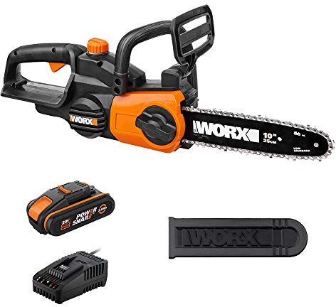 Worx Motosega a batteria , 18 V (20 V max), 2,0 Ah, PowerShare, lunghezza di taglio 25 cm e tensione automatica della catena, copertura per il trasporto, caricatore rapido 1 ora