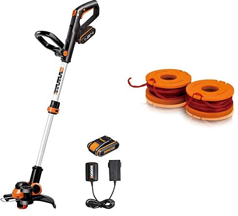 Worx WG163E Decespugliatore Tagliabordi a Batteria 20V, stelo in Alluminio regolabile & WA0004.1-2 rocchetti filo da 3mt. X 1,65mm ricambio per decespugliatori WG163/169/157E