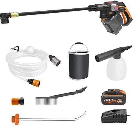 WORX NITRO 18V(20V MAX) Hydroshot Idropulitrice a Batteria , PowerShare, Attrezzature Sportive ed Auto. Max. 56 Bar, 220L/H, con Accessori, Batteria da 4,0Ah e Caricatore