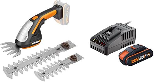 Worx .9 Forbici per Erba e Decespugliatore a Batteria 20V, con 3 Lame Intercambiabili & WA3601 Kit 1 Carica Batteria Rapido + 1 Batteria Power Share 20V/2.0Ah agli Ioni di Litio