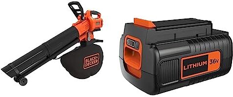 Black & Decker Soffiatore, Aspiratore, Trituratore a Batteria, 36V, Motore Brushless Unità senza Batteria e Caricabatterie & Batteria al Litio Compatibile con prodotti  36 V 2.0 Ah, BL20362-XJ