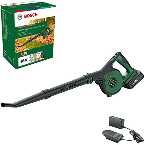 Bosch Soffiatore da giardino a batteria UniversalLeafBlower 18V-130 (per pulizie rapide e agevoli all'esterno; 18 Volt System; 1 batteria da 2,5 Ah; caricabatteria)