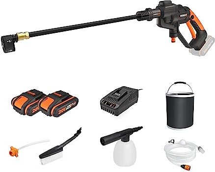 WORX Hydroshot Idropulitrice a Pressione Senza Fili 18V (20V MAX) WG620E.4, 120L/h 24Bar, 2pcs 20V 2,0Ah Batterie, Funzione Autoadescante, Tubo Alta Pressione 6m