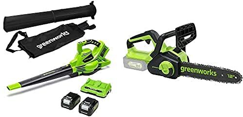 GreenWorks Tools Aspiratore e Soffiatore 2x24V(48V), Motosega con 2 BAtterie 4Ah e Caricatore