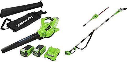 GreenWorks Tools 24227Ug Aspiratore Soffiatore Foglie A Batteria, Green & Potatrice A Batteria E Tagliasiepi Telescopico 2 In 1 G40Psh (Li-Ion 40 V 51 Cm / 20 Cm