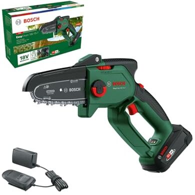 Bosch Mini Motosega a batteria EasyChain 18V-15-7 (per il taglio del legno; 18 Volt System; velocità catena: 6,95 m/s; con batteria da 2,5 Ah e caricabatteria)