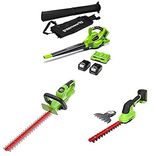 GreenWorks Tools Aspiratore e Soffiatore2x24V(48V),Tagliasiepi, Forbici per Erba e Arbusti con 2 BAtterie 4Ah e Caricatore