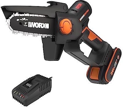 WORX NITRO Mini Motosega potatore a batteria , Motore Brushless, lubrificazione automatica, leggera e compatta, Motosega Elettrica, PowerShare 20V, con batteria e caricabatterie