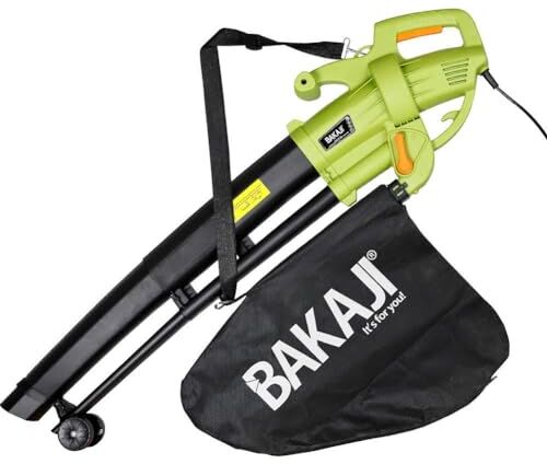 BAKAJI Aspirafoglie Elettrico da Giardino 3 in 1 Aspiratore Trituratore e Soffiatore Soffia Foglie Potenza 3000 W con Serbatoio di Raccolta 45lt Rotelle e Tracolla per Manutenzione Spazi Esterni