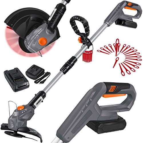 Masko ® Tagliaerba a batteria con batteria Li da 20 V, batteria da 2,0 Ah e caricabatterie tagliabordi decespugliatore con circonferenza di taglio di 26 cm, angolo di taglio di 180Ḟ, Grigio