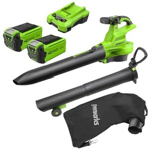 GreenWorks 40V Aspiratore Soffiatore a Batteria per Foglie, Motore Brushless, 370km/h, 14.17 m³/min, Sacco di Raccolta da 45L, Due Batterie 2Ah e Caricabatterie, Garanzia 3 Anni GD40BVIIK2X GreenWorks 40V Aspiratore Soffiatore a Batteria per Foglie, Motore Brushless, 370km/h, 14.17 m³/min, Sacco di Raccolta da 45L, Due Batterie 2Ah e Caricabatterie, Garanzia 3 Anni GD40BVIIK2X