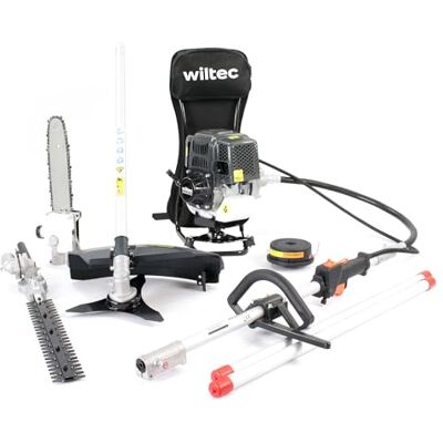 Wiltec Attrezzo multifunzione da giardinaggio Tagliasiepi, Tagliabordi, Decespugliatore, Potatore telescopico Motore a 4 tempi Wiltec Attrezzo multifunzione da giardinaggio Tagliasiepi, Tagliabordi, Decespugliatore, Potatore telescopico Motore a 4 tempi