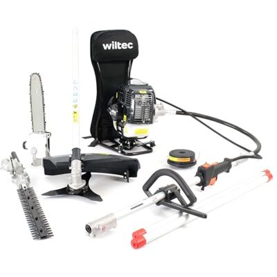Wiltec Attrezzo multifunzione da giardinaggio Tagliasiepi, Tagliabordi, Decespugliatore, Potatore telescopico Motore a 2 tempi Wiltec Attrezzo multifunzione da giardinaggio Tagliasiepi, Tagliabordi, Decespugliatore, Potatore telescopico Motore a 2 tempi