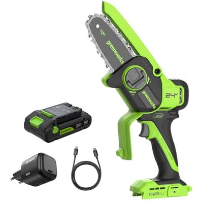 Greenworks 10cm Motosega a Batteria 24V Senza Spazzole, Mini Motosega Senza Fili con Sistema di Olio Automatico, Sega Elettrica con Batteria da 2 Ah e Caricatore USB C da 30 W Greenworks 10cm Motosega a Batteria 24V Senza Spazzole, Mini Motosega Senza Fili con Sistema di Olio Automatico, Sega Elettrica con Batteria da 2 Ah e Caricatore USB C da 30 W