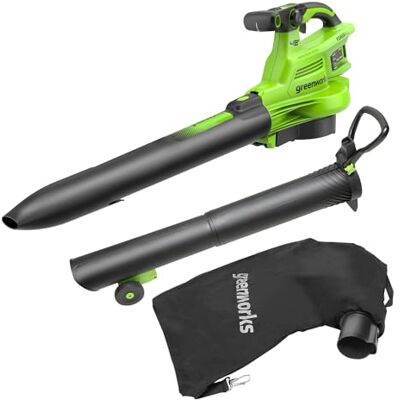 Greenworks 48V(24V x 2) Aspiratore e Soffiatore a Batteria 2in1, Li-Ion, 386 km/h, 14.73m³/min, Sacco raccoglitore, regolazione giri motore brushless potente senza batteria e caricatore BL48L01-01 Greenworks 48V(24V x 2) Aspiratore e Soffiatore a Batteria 2in1, Li-Ion, 386 km/h, 14.73m³/min, Sacco raccoglitore, regolazione giri motore brushless potente senza batteria e caricatore BL48L01-01