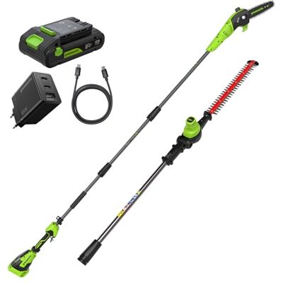 Greenworks Tagliasiepi a asta + sega 2-in-1 24V con batteria 4,0Ah & caricabatterie USB-C 65W, motore brushless, lama 51 cm, sega 20 cm, testa rotante 112,5°, asta 3 pezzi Greenworks Tagliasiepi a asta + sega 2-in-1 24V con batteria 4,0Ah & caricabatterie USB-C 65W, motore brushless, lama 51 cm, sega 20 cm, testa rotante 112,5°, asta 3 pezzi