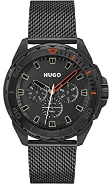 HUGO Orologio Analogico Multifunzione al Quarzo da Uomo con Cinturino in Maglia Metallica in Acciaio Inossidabile Nero