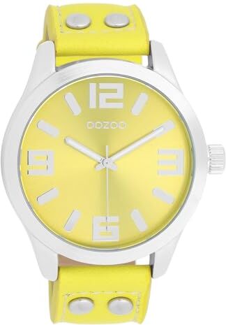 Oozoo Timepieces Orologio da polso da donna con cinturino in pelle   orologio da donna di alta qualità – elegante orologio analogico da donna rotondo, Silver Coloured/Fluo Yellow