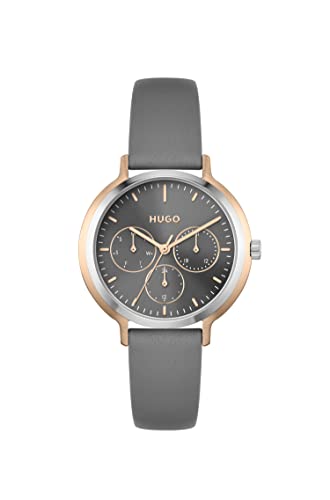 HUGO Orologio Analogico Multifunzione al Quarzo da Donna con Cinturino in Pelle Grigio