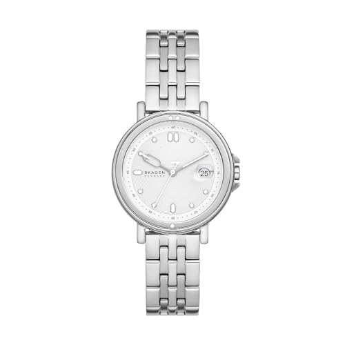 Skagen Signatur Orologio per donna, movimento al quarzo con cinturino in acciaio inossidabile o in pelle, Tonalità argento e bianco, 30MM