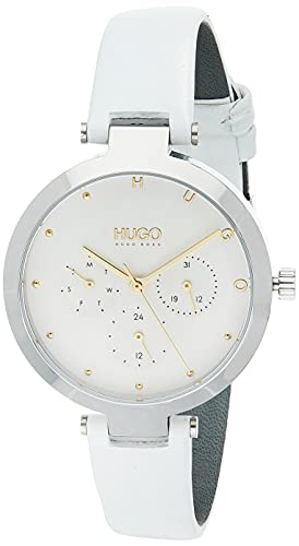 HUGO Orologio Analogico Multifunzione al Quarzo da Donna con Cinturino in Pelle Bianco