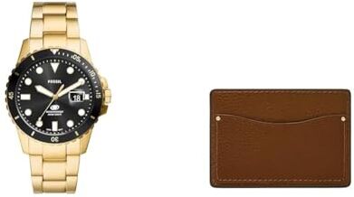 Fossil Orologio da uomo Blue Dive in acciaio inossidabile e custodia Anderson in pelle marrone, set