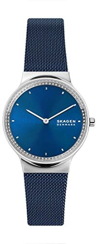 Skagen Freja Orologio per donna, movimento al quarzo con cinturino in acciaio inossidabile o in pelle, Blu cobalto, 34MM