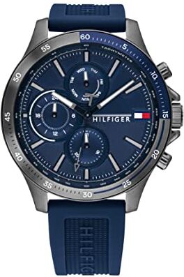 Tommy Hilfiger Orologio analogico multifunzione al quarzo da uomo con cinturino in acciaio inossidabile o silicone, Silicone, Blu (Navy)