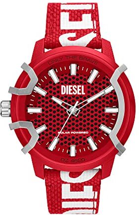 Diesel Orologio da uomo, movimento a tre lancette a energia solare, cassa in olio di ricino rosso da 48 mm, cinturino in tessuto Pro-Planet,