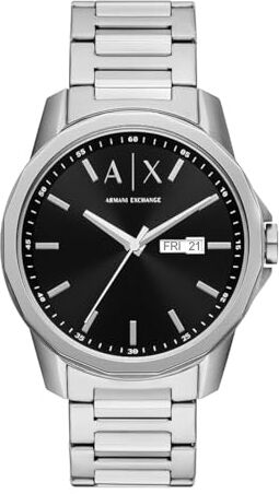 Armani Orologio a tre lancette Uomo, cassa in acciaio inossidabile riciclato (almeno 50%) da 44 mm con bracciale in acciaio inossidabile,