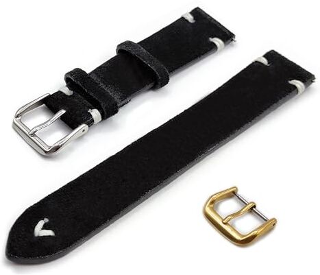 Generico Cinturino in Vera Pelle Scamosciata con Impunture Cucitura Lacci Vintage ONE MORE STRAP 18mm 20mm 22mm colore Nero Blu Verde Marrone Laccio Straps (18mm, Nero)