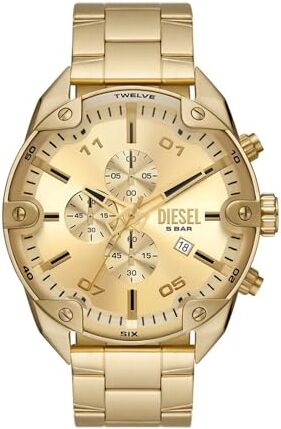 Diesel Orologio da uomo, Spiked, movimento cronografo, cassa in acciaio inossidabile placcata oro da 49 mm con bracciale in acciaio inossidabile,