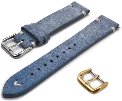 Generico Cinturino in Vera Pelle Scamosciata con Impunture Cucitura Lacci Vintage ONE MORE STRAP 18mm 20mm 22mm colore Nero Blu Verde Marrone Laccio Straps (22mm, Azzurro)