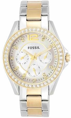 Fossil Orologio Riley da donna, movimento al quarzo multifunzione, cassa in acciaio inossidabile argento/oro da 38 mm con bracciale in acciaio inossidabile,