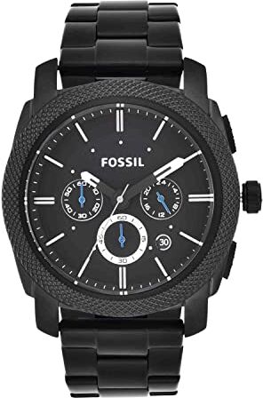 Fossil Orologio da uomo, Machine, movimento cronografo al quarzo, cassa in acciaio inossidabile nera da 45 mm con bracciale in acciaio inossidabile, FS4552, Grigio scuro e blu